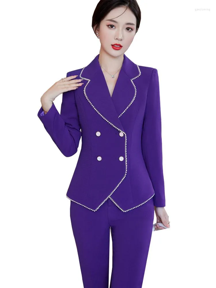 Calças femininas de duas peças roxo preto duplo breasted mulheres calça terno blazer escritório senhora formal 2 conjunto feminino negócios trabalho desgaste jaqueta e