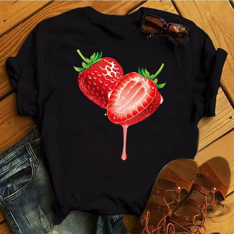Rolig jordgubbe ananas mönster kvinnor tee topp t-shirt söt frukt avslappnad