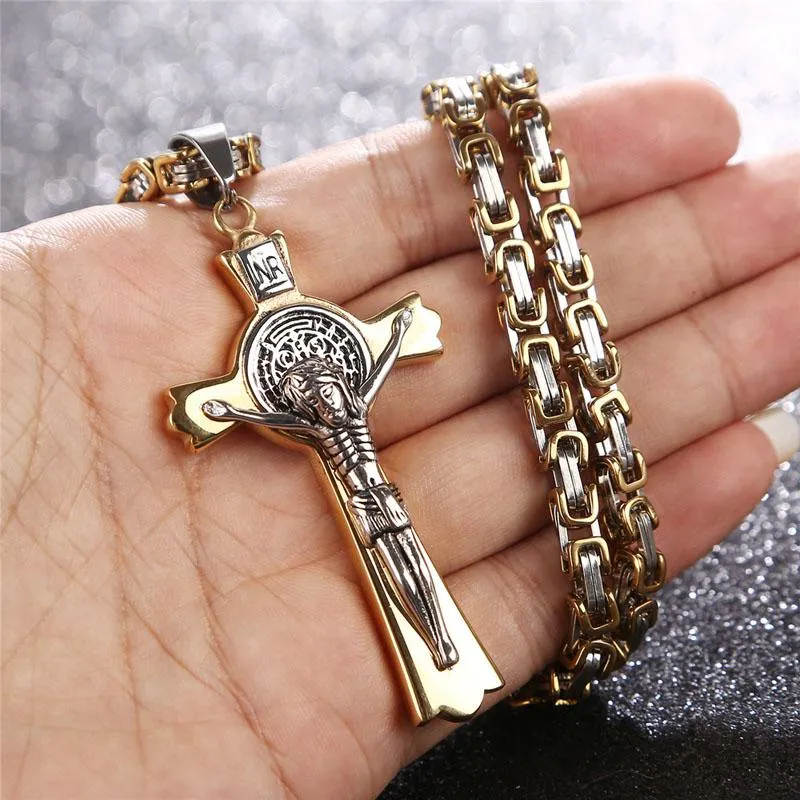 Naszyjniki wiszące 24 '' Bizantyjski łańcuch ze stali nierdzewnej katolicki Benedict Crucifix San Jesus St Prezent Krzyżowy dla Manpendant