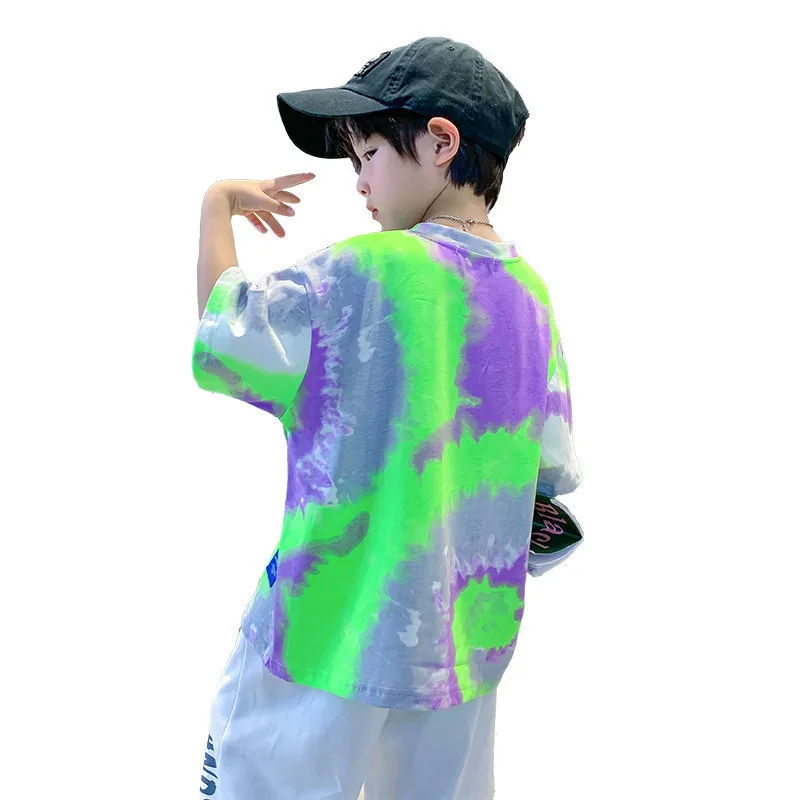 Mode d'été garçons t-shirts cravate colorant coréen à manches courtes vêtements de rue t-shirt top t-shirts taille 4 5 7 9 11 13 14 ans 220620