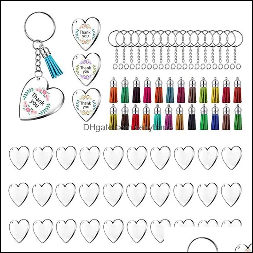 round acrylic keychain blank transparent circle discs heart shape tassel keychains women handbag key rings with chain free dhl