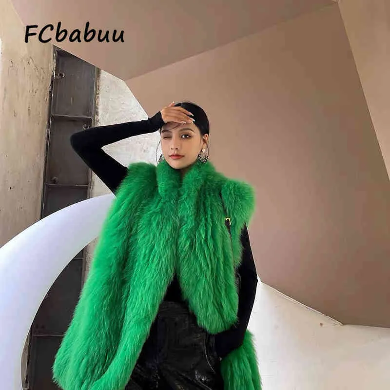 Women Green Faux Fur Vest Coat Winter Warm Thick Casual Streetwear Jacket Tops 2024
