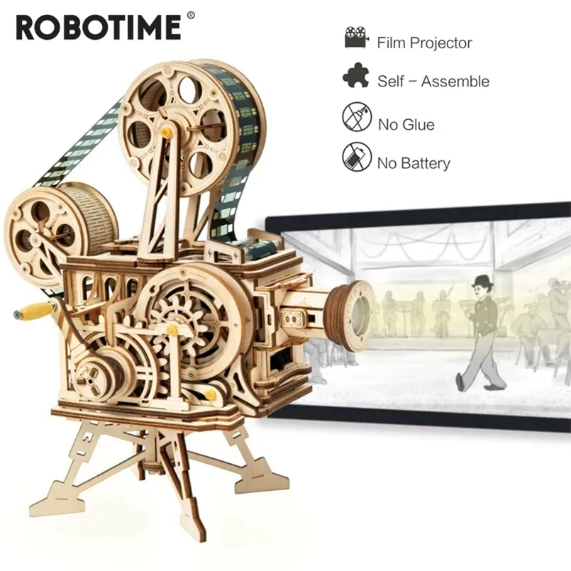 Robotime 183 Stück Retro DIY 3D Handkurbel Filmprojektor Holzmodellbausätze Montage Vitascope Spielzeug Geschenk für Kinder Erwachsene 220715