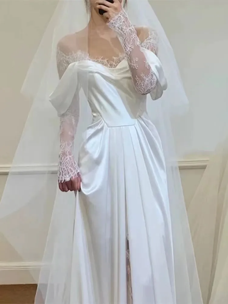 Hochzeit Kleid Weiß Neueste Off Schulter Lange hülse Spitze Hohe Schlitz Bodenlangen Brautkleider Romantische vestido de novia