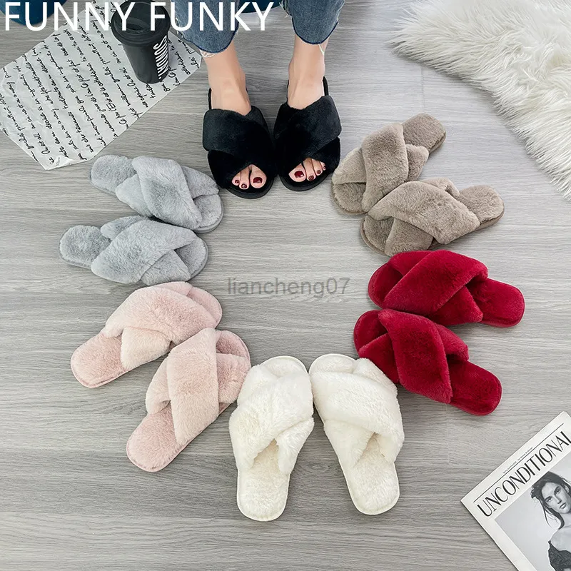 Winter Women House Cross Band Slippers Fluffy Fur Fashion Warm Shoes Woman Slip on Flats Female Slides House Cozy Home Slippers G220816
