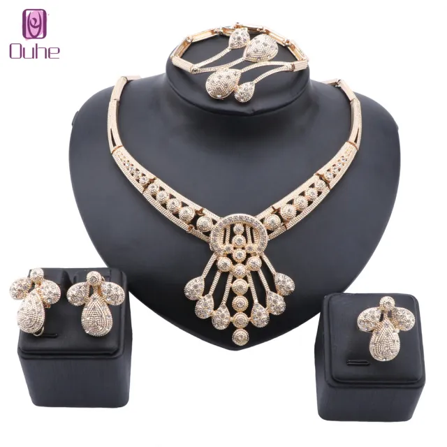 Dubai Gold Color Nigerian Crystal Necklace Bangle Ring Earrings Women Italian Bridal Accessories Jewelry Set