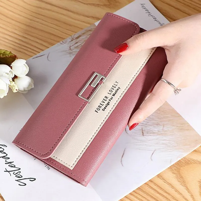 Brieftaschen Ankunft Frauen Lange Haspe Patchwork Drei Falten Kupplung Tasche Für Weibliche Modische Chic Karte Münze PurseWallets