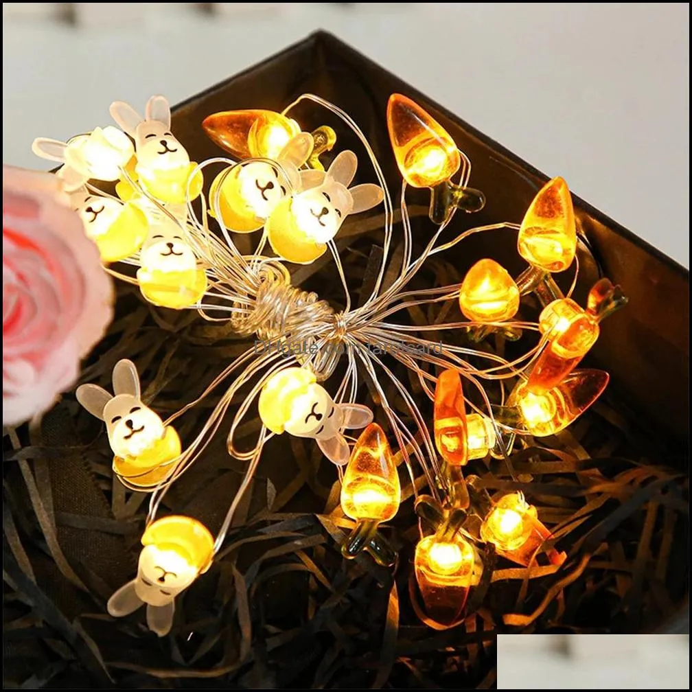 LED Rabbit String Lights Easter Decoration Waterproof Battery Case Cute Cartoon Lantern New Year Festive Party Decoration