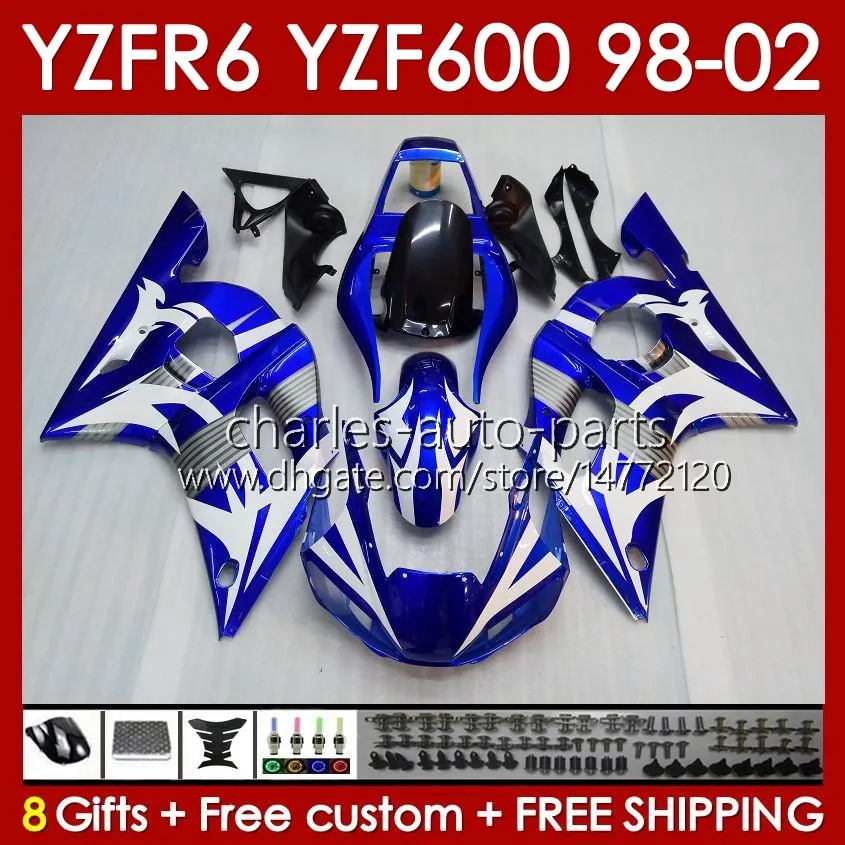Cadre de carrosserie pour Yamaha YZF-600 YZF R6 R 6 600CC YZFR6 1998 1999 00 01 02 Carrosserie 145No.26 YZF 600 CC Cowling YZF-R6 98-02 YZF600 98 99 2000 2001 2002 Kit de carénage bleu blanc noir