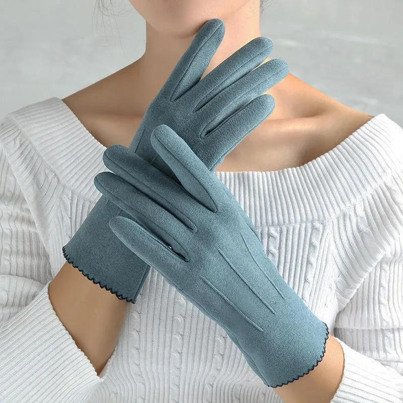 Cinco Dedos Luvas Slim Vintage Windproof Touch Screen Mulheres Inverno Dedo Completo Mão Mais Quente Luva de Camurça Feminino Jovens Estudantes Atacado G02