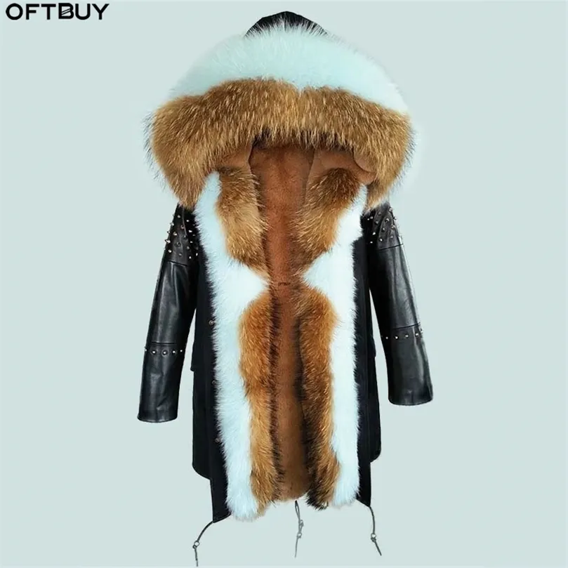 OFTBUY Long Parka Manteau De Fourrure Véritable Veste D'hiver Femmes En Cuir De Mouton Naturel Rivet Manches Survêtement Streetwear Casual 201126