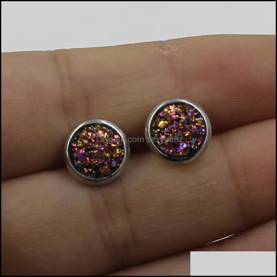 Fashion 8mm Imitate Natural Stone Drusy Druzy Earrings Stainless Steel Gemstone Stud Earrings For Women Lady Jewelry NR027