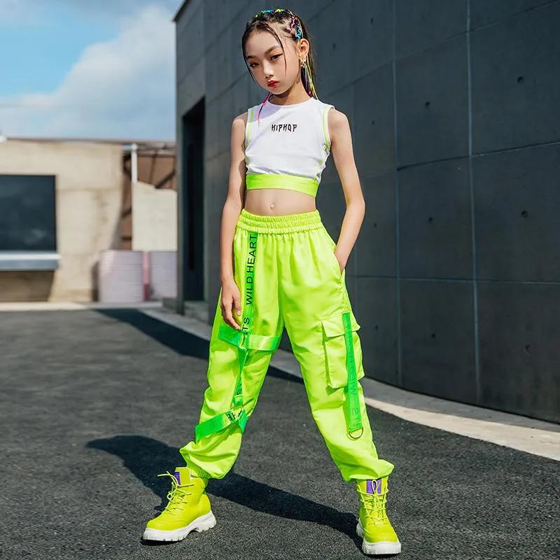 2022 Hip Hop Dance Costume For Girls White Vest With Fluorescent Green  Green Cargo Pants Womens Perfect For Jazz Performance And Street Dancing  BL6316 From Amarylly, $21.78