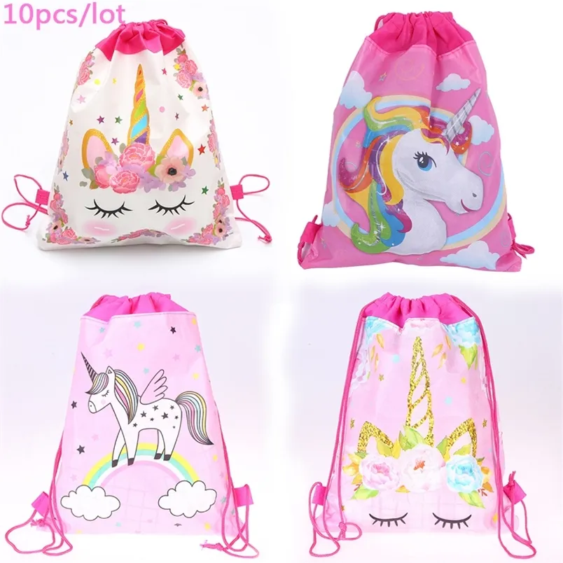 10 teile/los Mädchen Gefälligkeiten Schöne Einhorn Mochila Vliesstoffe Geburtstag Party Baby Dusche Dekorieren Blume Kordelzug Geschenke Taschen 220420