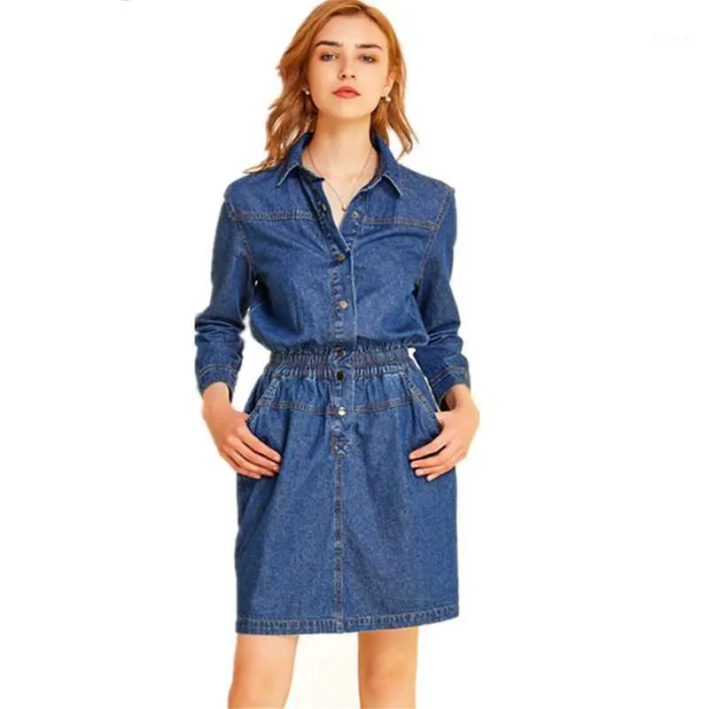 Casual Dresses Spring Autumn Women Denim Dress Sexy Turn-Down Collar Collect Waist Elastic Slim Pockets Jeans For