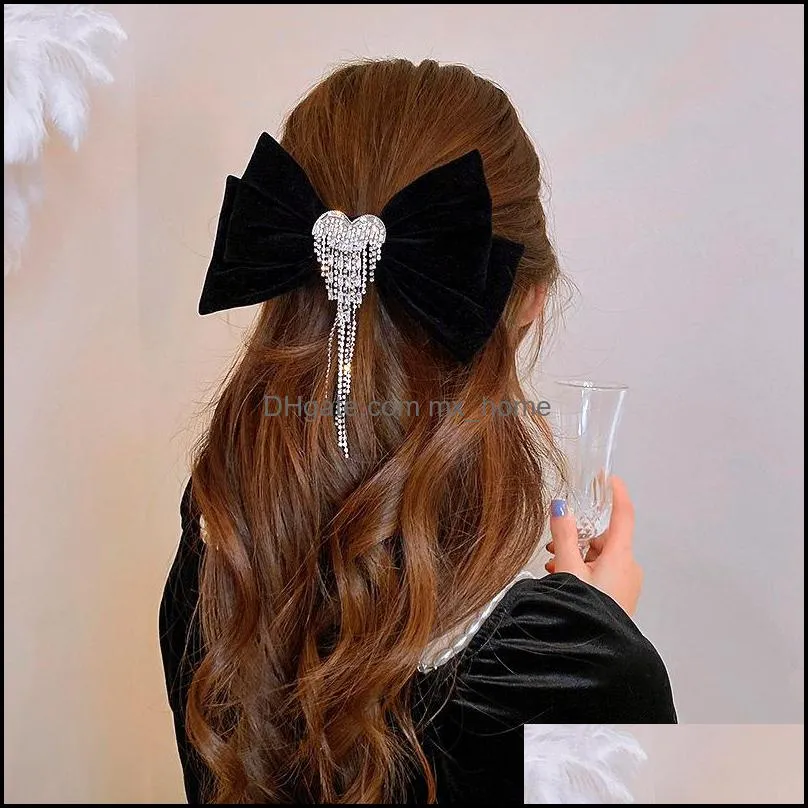 korean fashion female hairpheaddress temperament exquisite rhinestones tassel large bow spring clip hair accessories