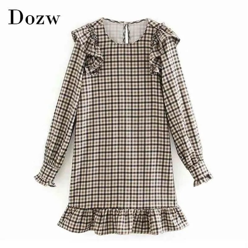 Femmes Mode Plaid Imprimer Robe Printemps Manches Longues Lâche Mini es Casual O Cou Volant Court Robes Mujer 210515