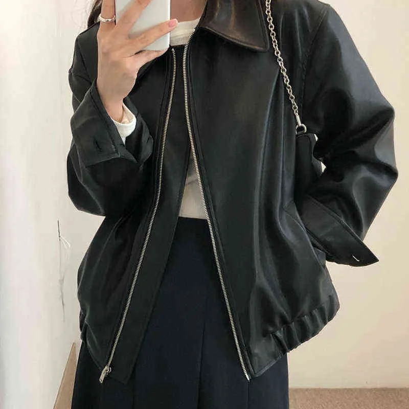 Long Sleeved Motorcycle Suit Leather Coat Female Streetwear Cool Korean Style Chic Loose Casual All Match Jacket Tops Women L220728