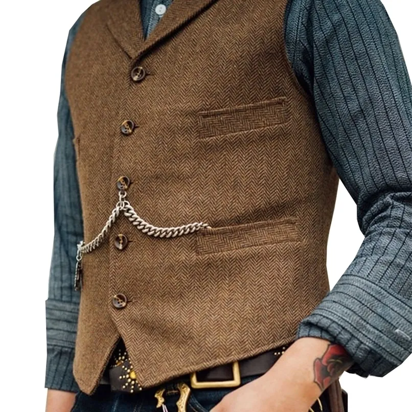 Mens Suit Vest Brown Wool T Business Waistcoat Jacket Casual Slim Fit Gilet Homme Vests For Groosmen Man Wedding 220702