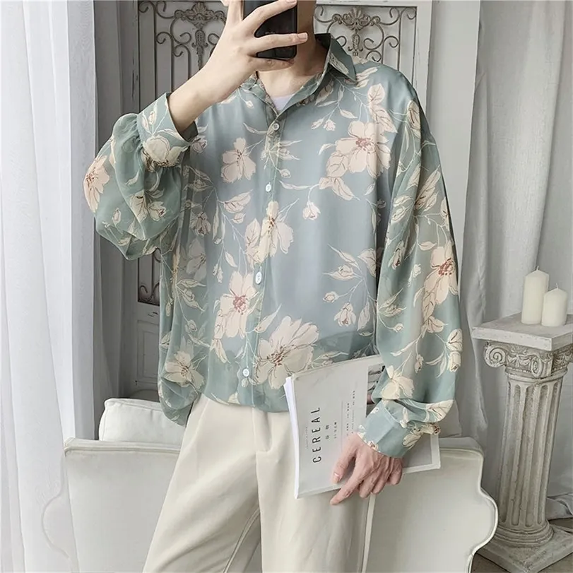 Herr Hawaiian Shirt Långärmad Solskyddsmedel Blomstryck Loose Camisa Masculina Fashion S M-XL 220324
