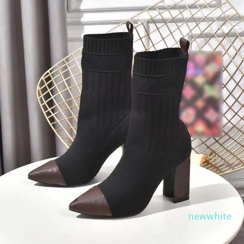High quality female designer boots Martin bottes Black stretch fabric floral design rubber sole non slip wear resistant outsole