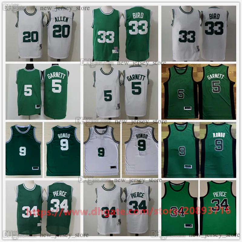 Vintage Basketball-Trikots genäht 33 Larry Bird Paul Pierce Ray Allen Kevin Garnett Rajon Rondo Jersey Weiß Grün Schwarz Retro Atmungsaktive Sport-Mann-Shirts