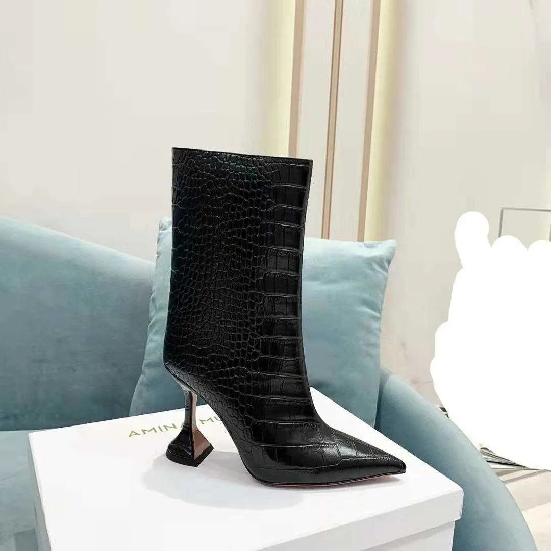 Fashion Season Shoes Amina Italy Muaddi Ankle Boots Giorgia Croc-embossed Zip Pedestal Booties Black
