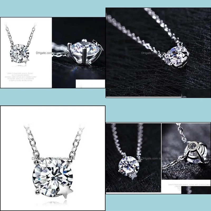 S925 Sterling Silver Cubic Zirconia Round Crystal Star Pendant Necklaces Women Fashion Jewelry