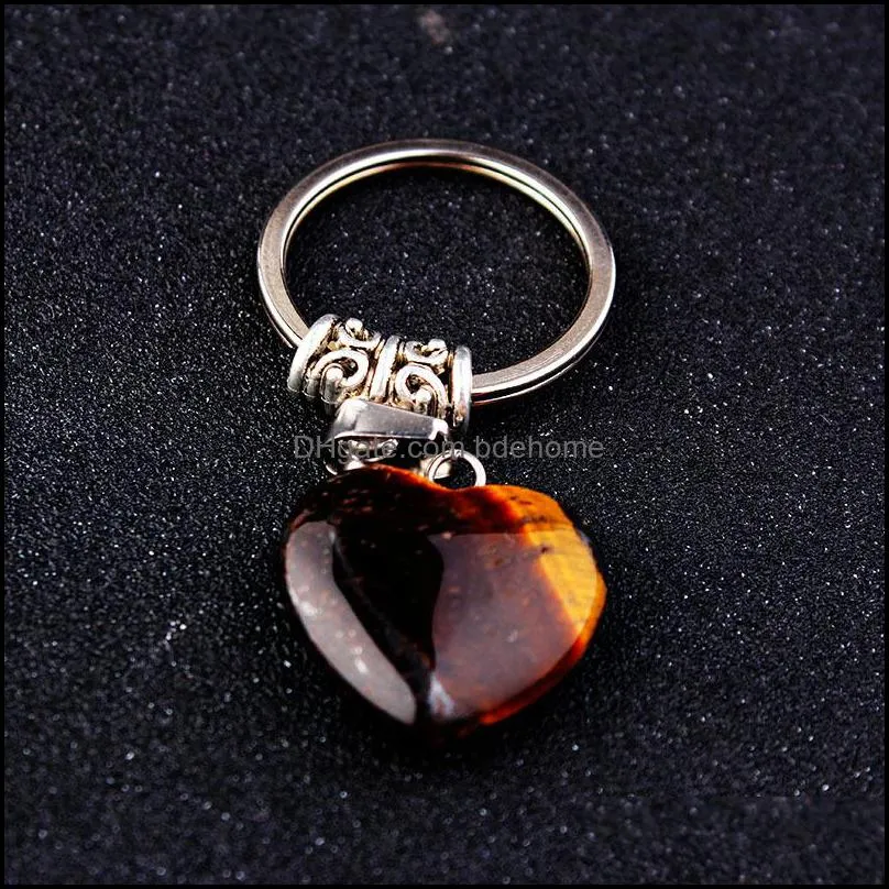 natural stone heart keychain rose quartz tiger`s eye opal crystal key ring key chain keyring