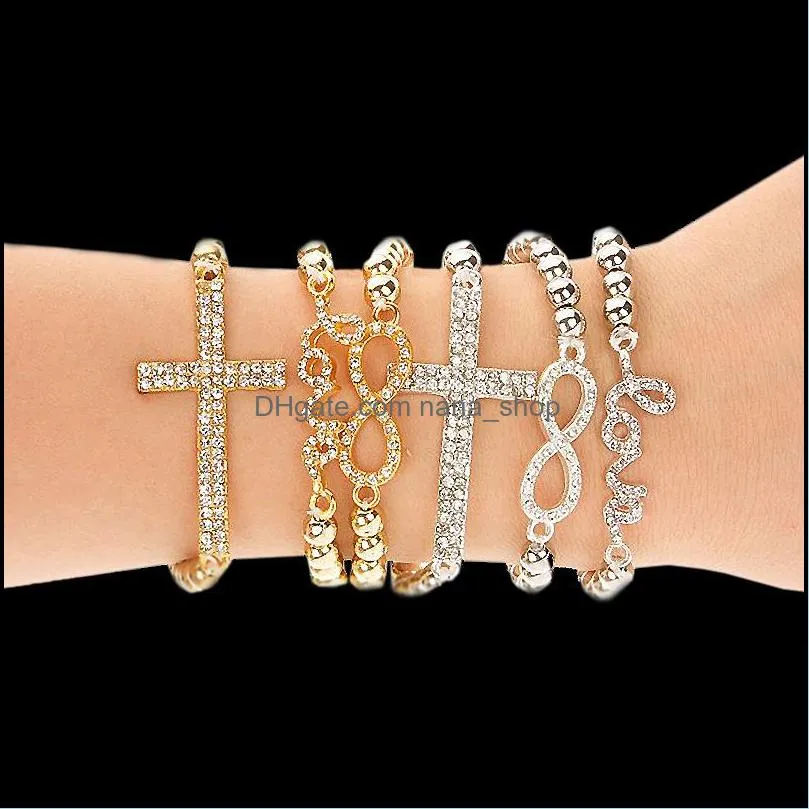 Cheap jewelry gold & silver 6mm beads cross & bracelets for women cute  infinity charms adjustable barcelet wholesaler