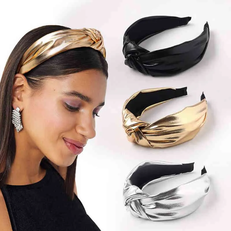 Nueva moda mujer diadema suave PU cuero diadema suave Vintage sombrero brillante pelo aro turbante accesorios para el cabello al por mayor AA220323