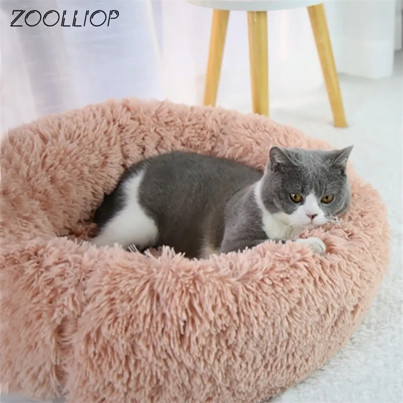 Round Plush Cat Bed House Soft Long Pet Dog For Dogs Products Nest Winter Warm Sleeping Mat LJ201028