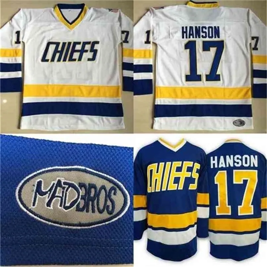 MThr #17 Steve Hanson Charlestown Trikot, Herren Hanson Brother Slap Shot 100 % genähte Stickerei Movie Hockey Jerseys Blau Weiß