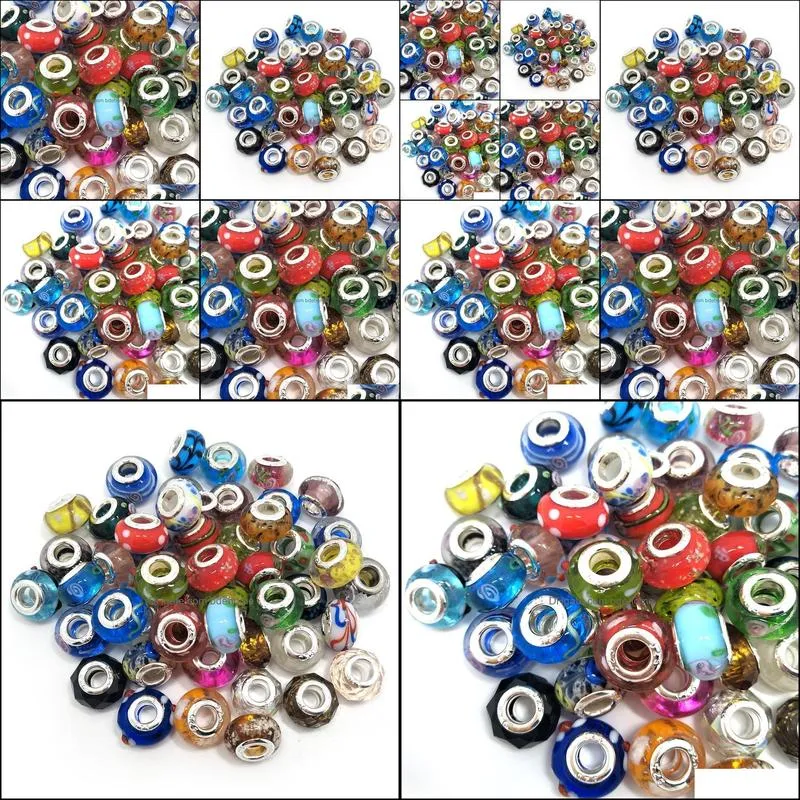 Brand New Mix Styles Glass 925 stering cord big hole loose beads fit European pandora jewelry Diy bracelet charms 50pcs per lot