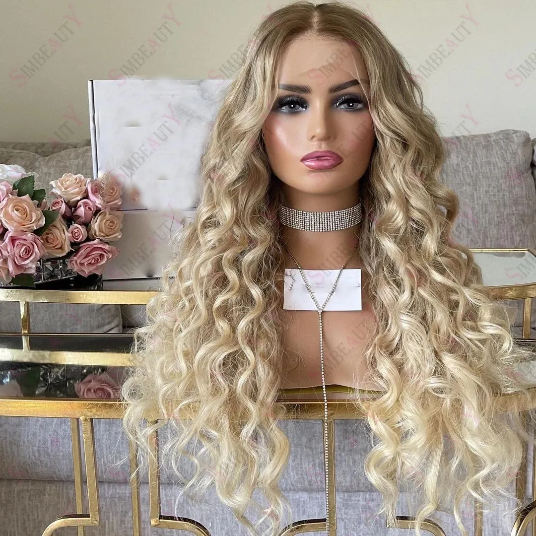 Perruque Lace Front Wig Remy naturelle sans colle, cheveux naturels, Loose Wave, ombré Beige blond, Balayage, 13x6, densité 200, pour femmes