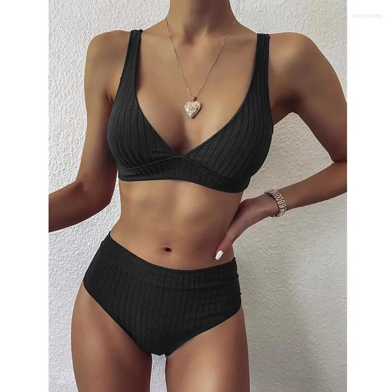 Costumi da bagno da donna Bikini da donna 2022 Costume da bagno da donna a costine a V profonda Costume da bagno da donna a due pezzi Costume da bagno Biquini a vita alta