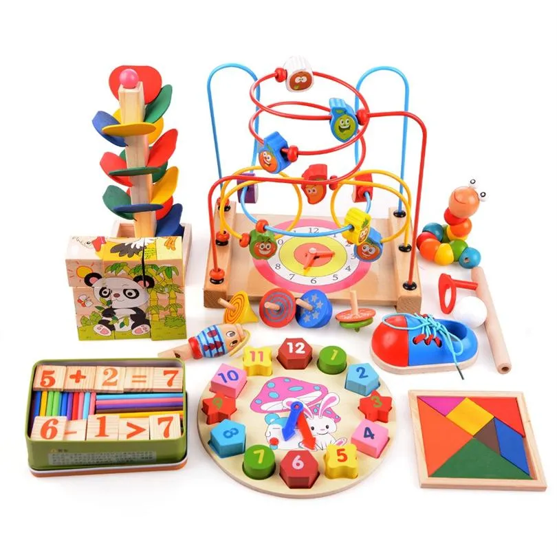 14pcs/set Wooden Counting Three-Dimensional Jigsaw Round Circles Bead Wire Maze Roller Coaster Toy Child Baby Early Educational To2559