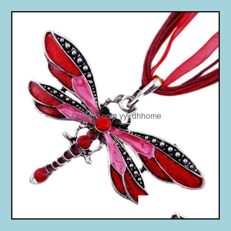 Wholesale 6 Colors Vintage Enamel Dragonfly Crystal Pendant Necklaces Organza String Necklace Necklaces fashion Jewelry DHl free ship