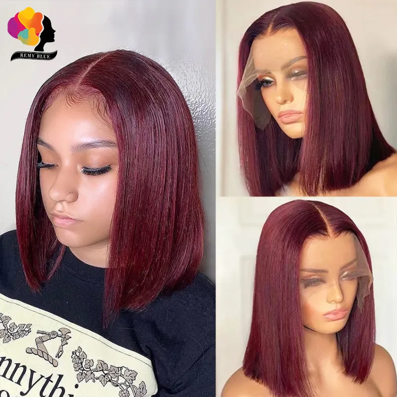 Bob Bourgogne Red Straight Spets Front Wig Human Hair Wigs Short Cut Synthetic Wig For Black Women Daily Party