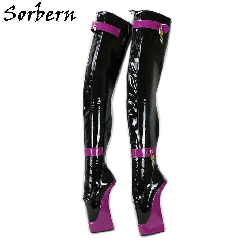 Sorbern Sexy Ballet Huf Damen Stiefel Plateaustiefel Lange Fetisch High Heels Schnallenriemen Schnürung Vorne Abschließbarer Reißverschluss Custom