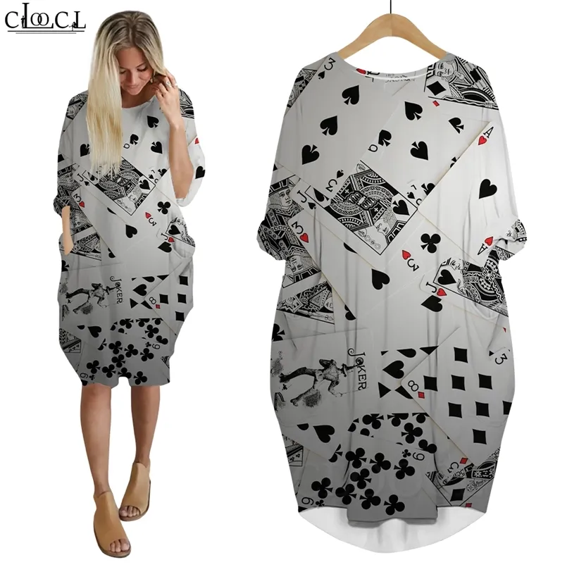 Women Dress Playing Cards 3D Graphics Loose Daughter Dresses Printed Long Sleeve Fashion Summer Gown Pocket Dress W220616