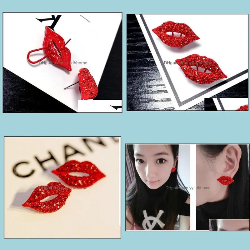 Sexy Red Lip Diamond Stud Earrings Vintage Fill Rhinestone Big Stud Earring Women Girl Party Jewelry Valentine Gift