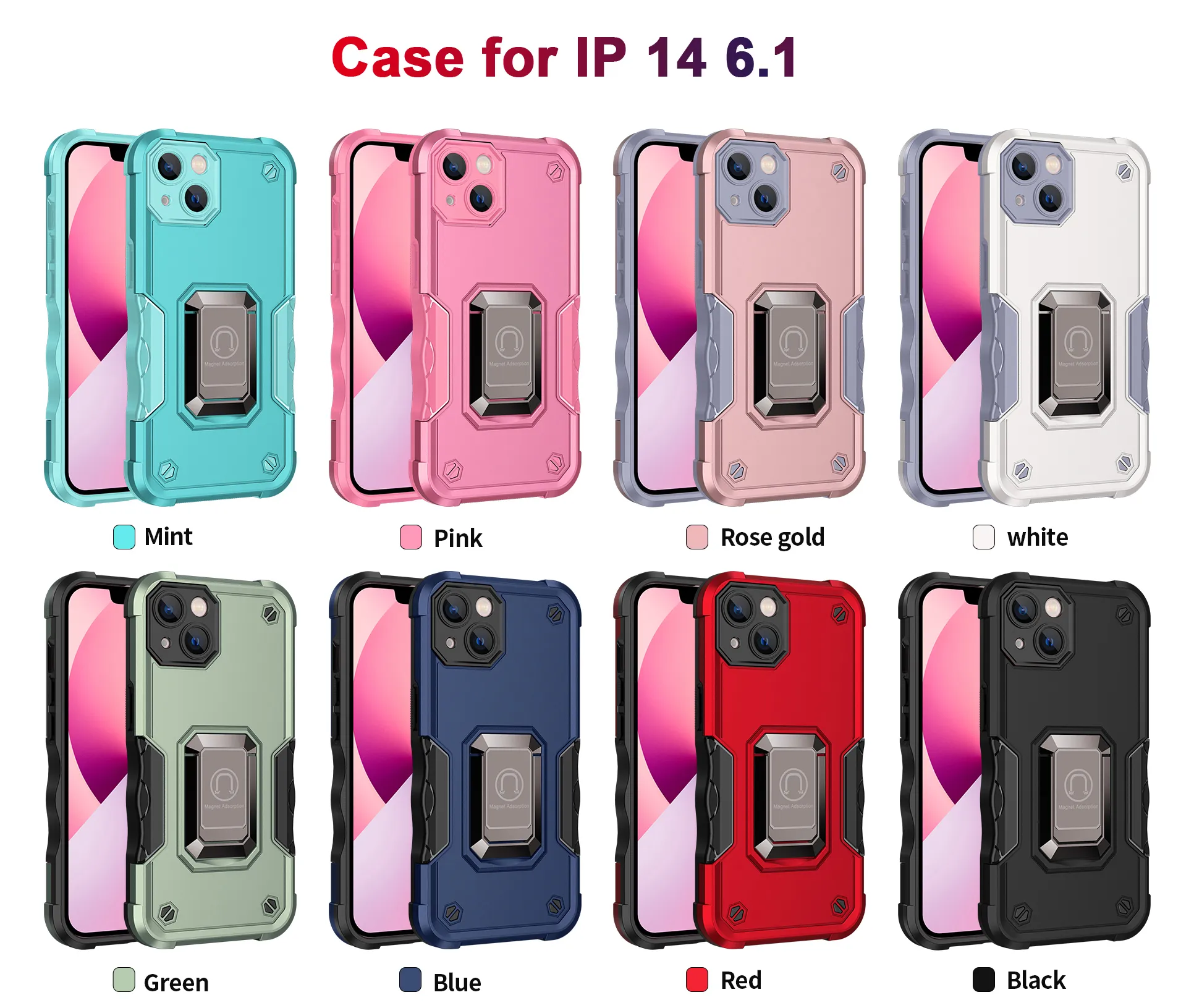 Hybrid Armor Phone Cases for iPhone 14 Pro Max 13 12 Mini 11 XS XR 7 8 Plus Magnetic Ring حامل الصدمات Kickstand Cover D1