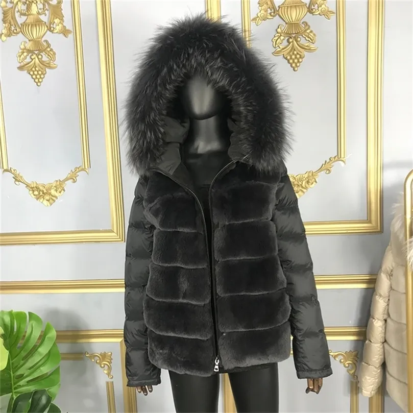 Coat Real Rabbit Fur Hooded Black Down Jacket Winter Women Classic Short Casual Outerwear Real Raccoon Fur Collar fur coat women 201214