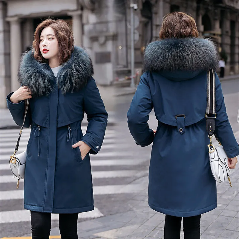 Cotton Liner Parker Parka Plus Size M6XL Adjustable Waist Fur Collar Winter Jacket Women Medium Long Hooded Parka Coat 201029