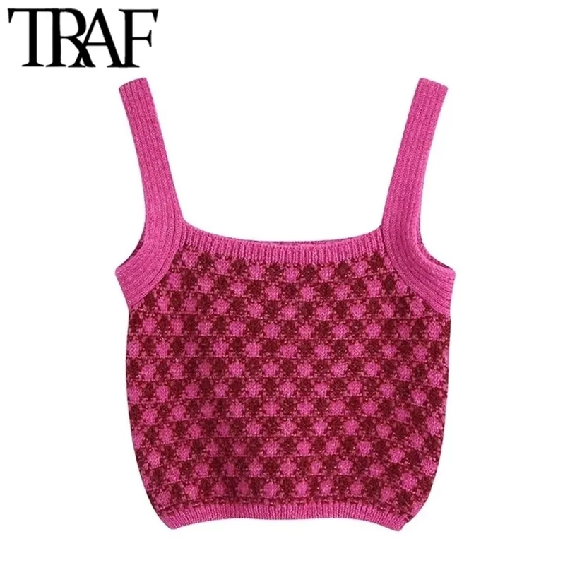 TRAF女性スウィートファッションチェックニットタンクトップスビンテージストレートネックワイドストラップ女性キャミスMujer 220325