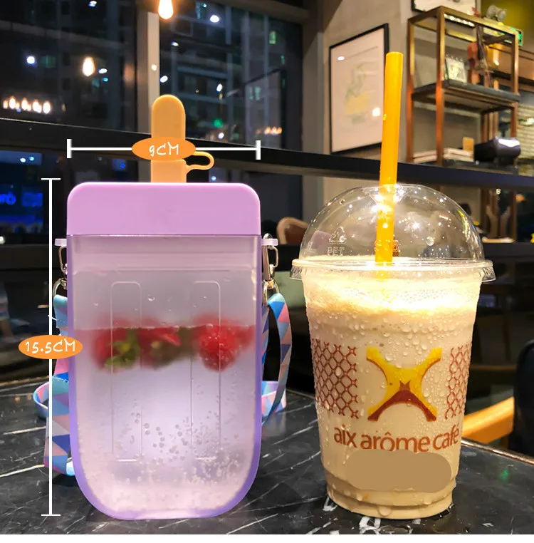 Cute Straw Cup Creative Popsicle Shape Plastic Water Bottle Outdoor Transparent Juice Drinking Cup Mug For Adult Children W4