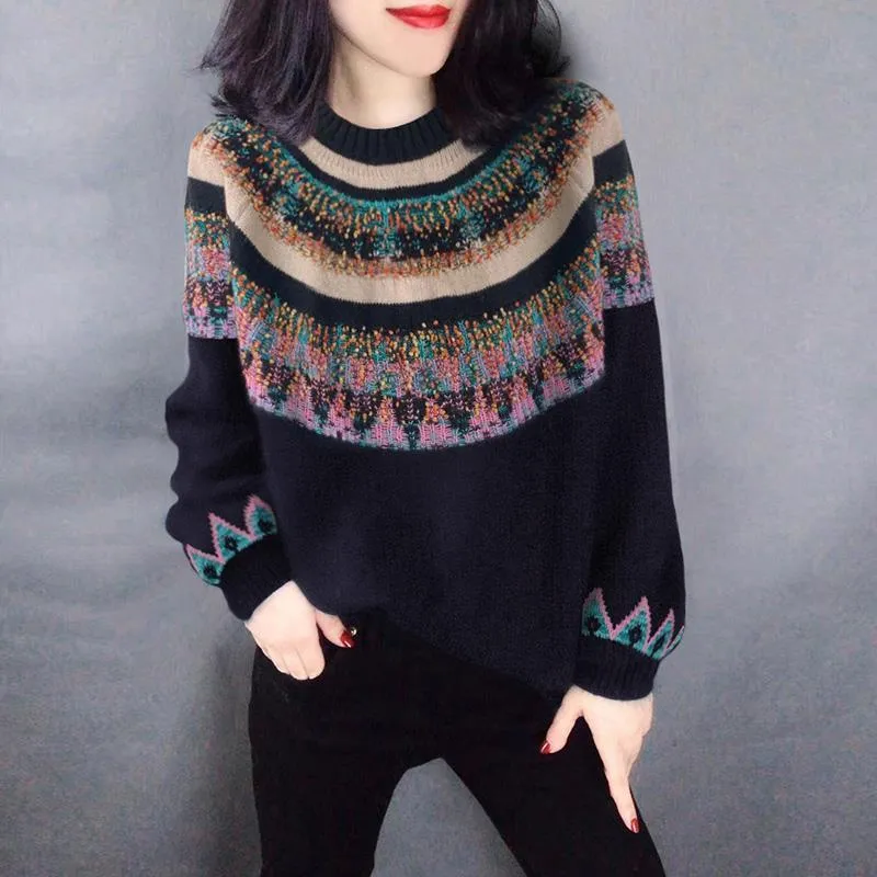 Pulls pour femmes Femme Style ethnique Patchwork Col rond Tricots 2022 Hiver Pull Femme Chandails Pull Hiver