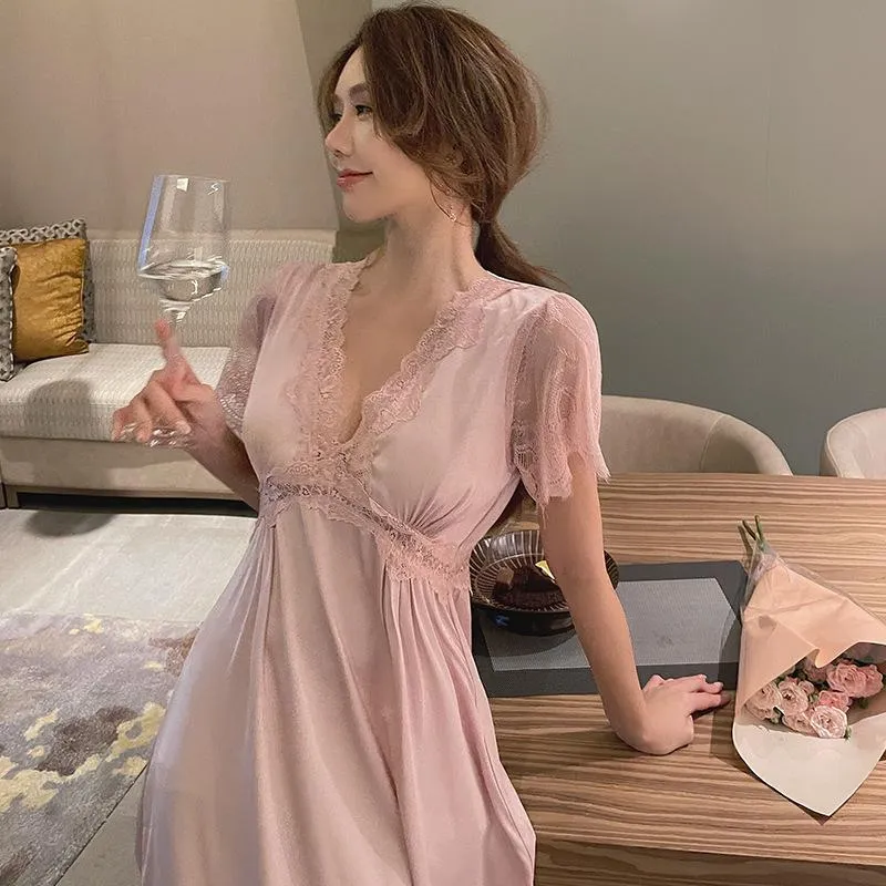 Vêtements de nuit pour femmes robe de fée jupe longue femme dentelle Sexy chemise de nuit en soie glacée avec coussin de poitrine vêtements de maison pour femmes pyjamas femmes