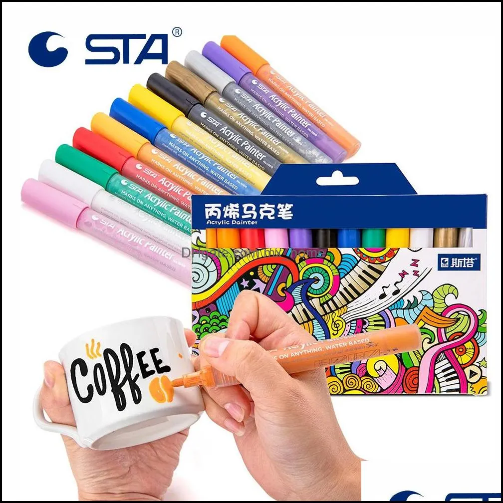 STA 12 CORES ACLICA PINTRAÇÃO DE PAIXA DE PAPELA DE PISTONO DE PARATIVOS PARA MANGA DIY Ding Pen School Student Painter Supplies C18112001 Drop Delivery 2021